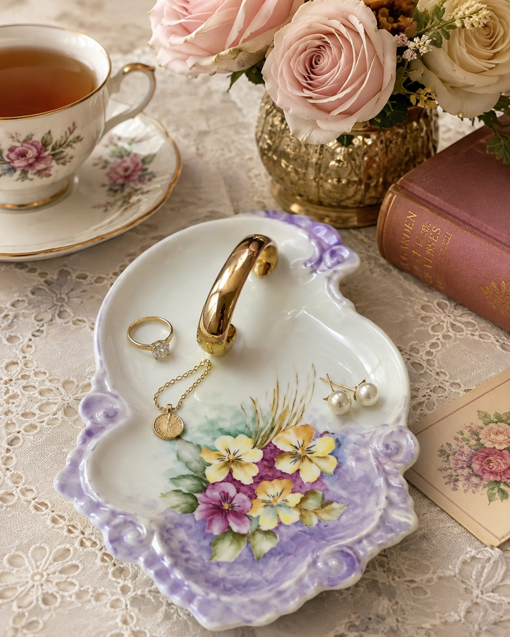 Vintage Hand Painted Porcelain Floral Candy Dish Gold Handle Purple Bon Bon Bowl
